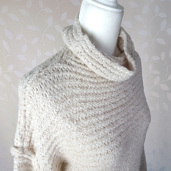 Aerie Cozy Fuzzy Open Knit Cowl Neck Sweater Oversized Cream Small - Picture 4 of 14